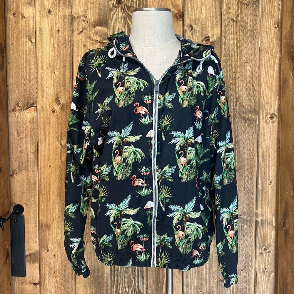 Denim & Flower Large Tropical Lightweight Zip Jacket Windbreaker Hooded Cotton - Picture 2 of 9